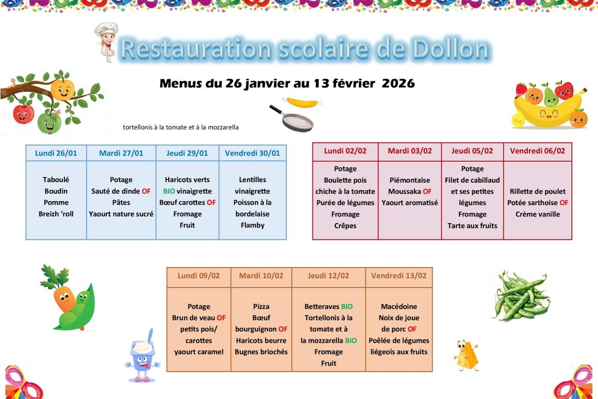 Menu restaurant scolaire du 26 janvier au 13 février 2026