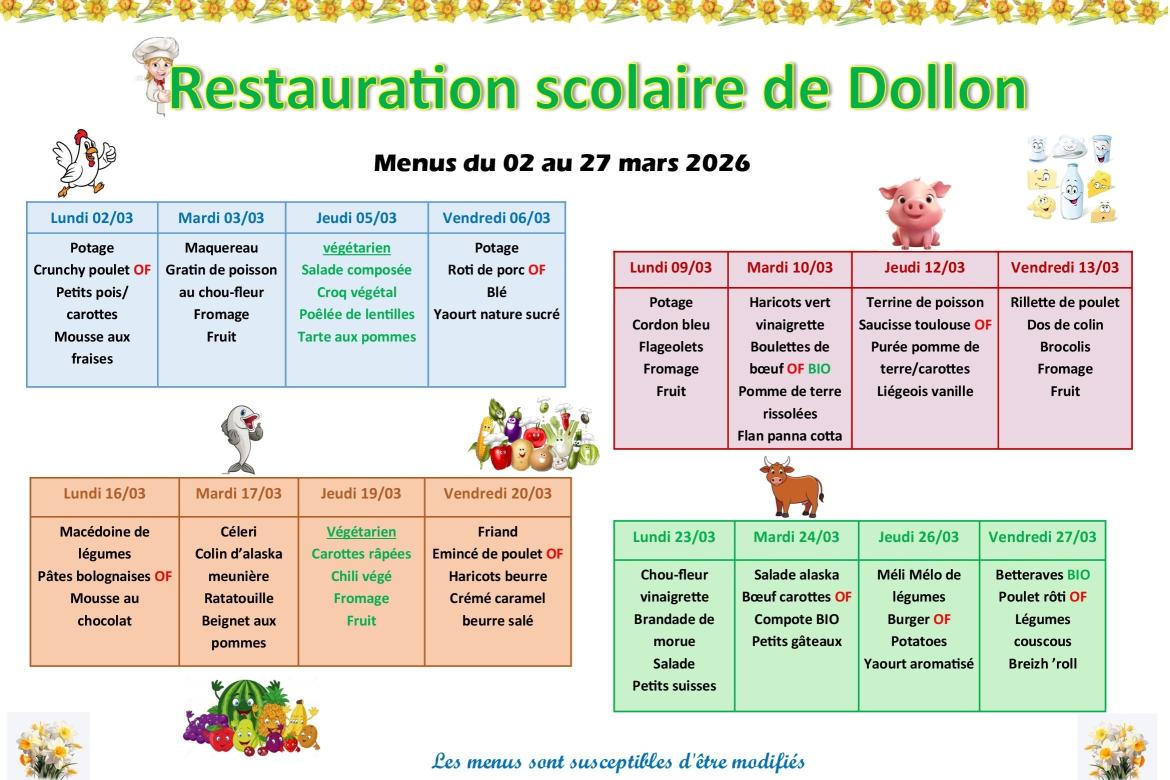Menu restaurant scolaire du 2 au 27 mars 2026