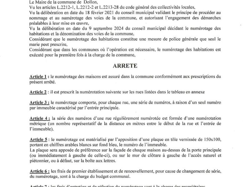 Arrêté d’adressage de numérotation des rues.