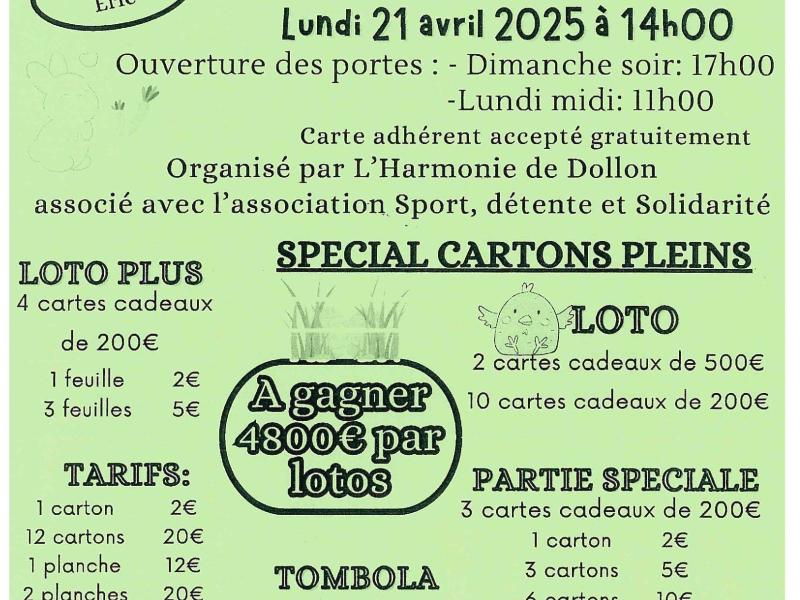 Super Double Loto de Pâques organisé par l'Harmonie de Dollon et Association Sport Détente et Solidarité.