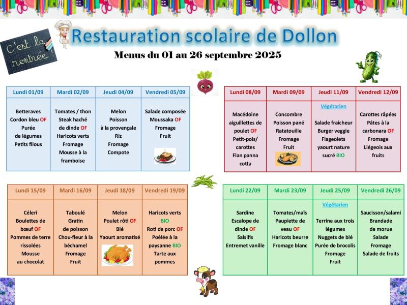Menu restaurant scolaire du 1er au 26 septembre 2025